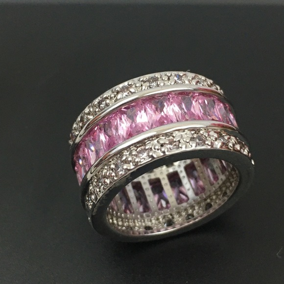 Baguette Paved Ring Pink Silver Size 6 - Picture 9 of 14